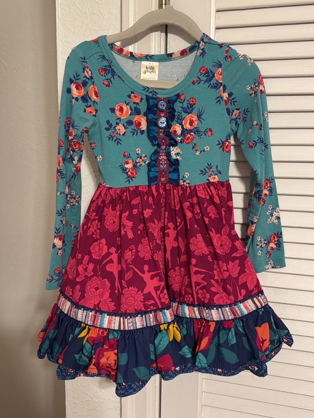 Wildflowers Teal, Magenta & Navy Floral Tiered Long-Sleeve Dress